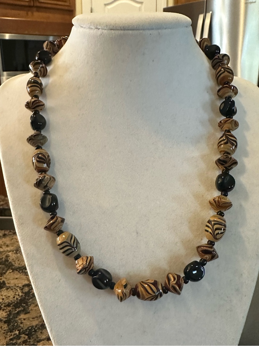 Vintage Murano-Style Brown and Black Swirl Glass Bead Necklace